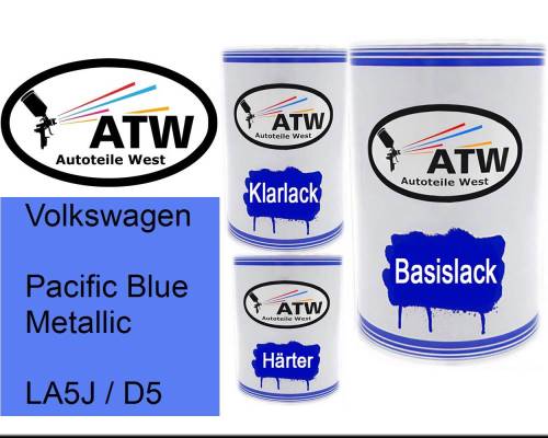 Volkswagen, Pacific Blue Metallic, LA5J / D5: 500ml Lackdose + 500ml Klarlack + 250ml Härter - Set, von ATW Autoteile West.